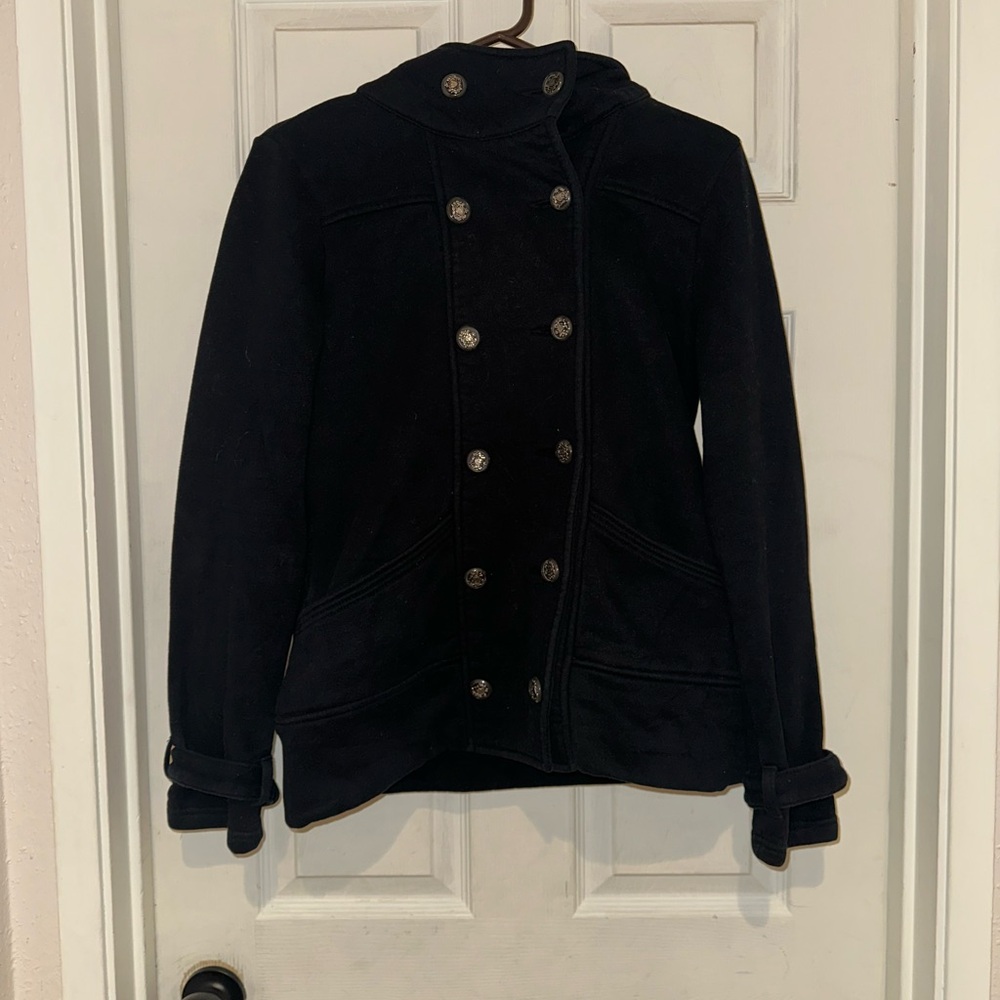 Iris Black Double-Breasted Hooded Pea Coat Size L